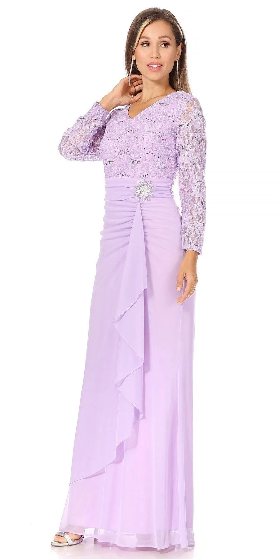 Celavie 6549-L Lace Long Sleeve V-Neck Ruffled Dress with Brooch