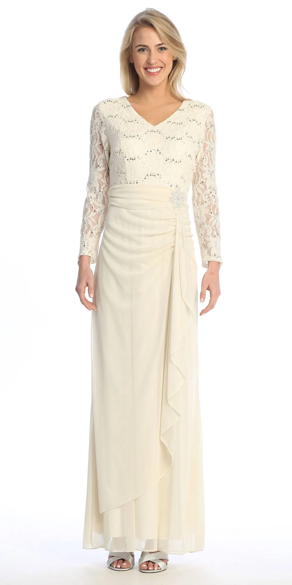Celavie 6549-L Lace Long Sleeve V-Neck Ruffled Dress with Brooch