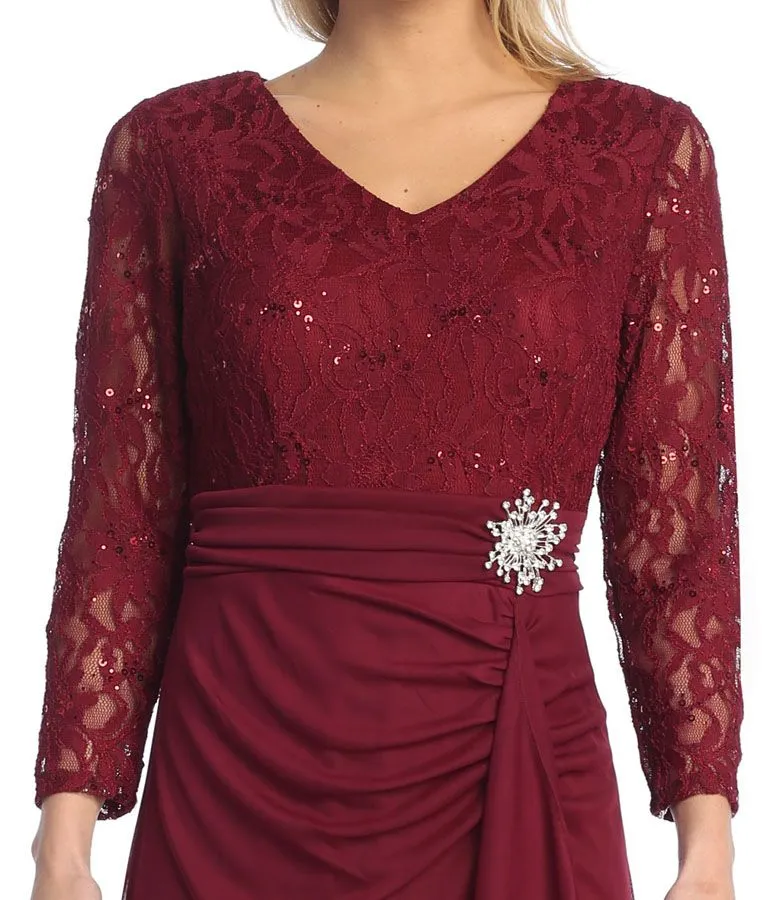 Celavie 6549-L Lace Long Sleeve V-Neck Ruffled Dress with Brooch