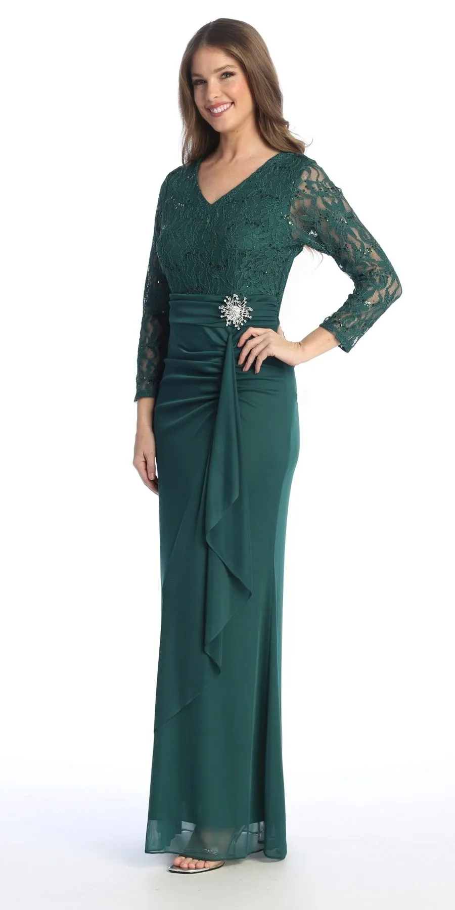 Celavie 6549-L Lace Long Sleeve V-Neck Ruffled Dress with Brooch
