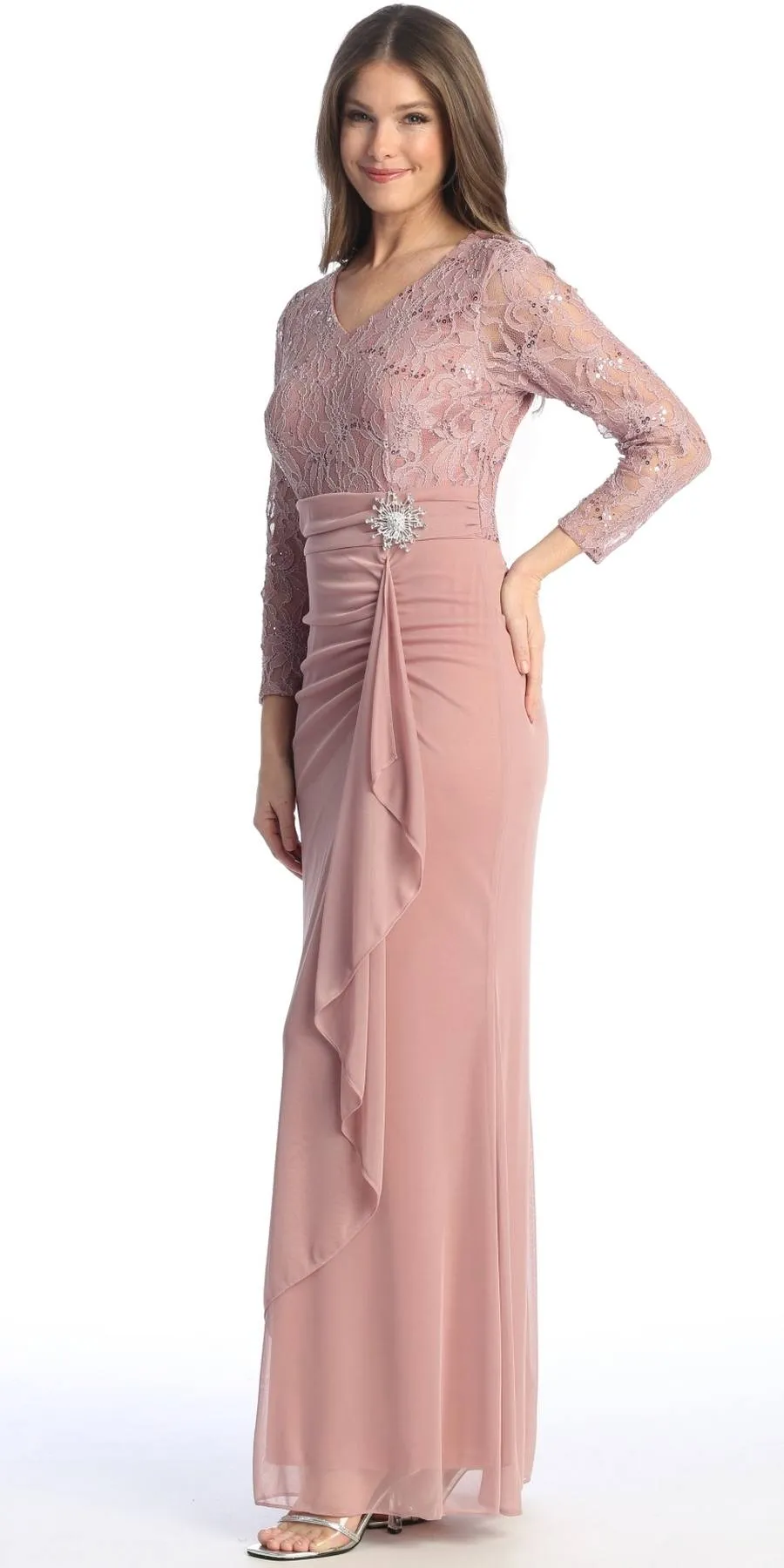 Celavie 6549-L Lace Long Sleeve V-Neck Ruffled Dress with Brooch