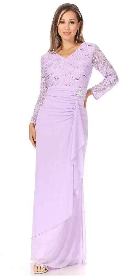 Celavie 6549-L Lace Long Sleeve V-Neck Ruffled Dress with Brooch