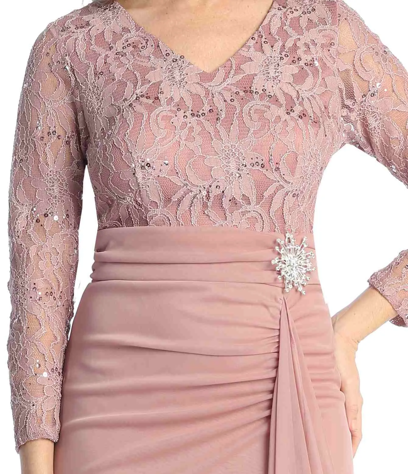 Celavie 6549-L Lace Long Sleeve V-Neck Ruffled Dress with Brooch
