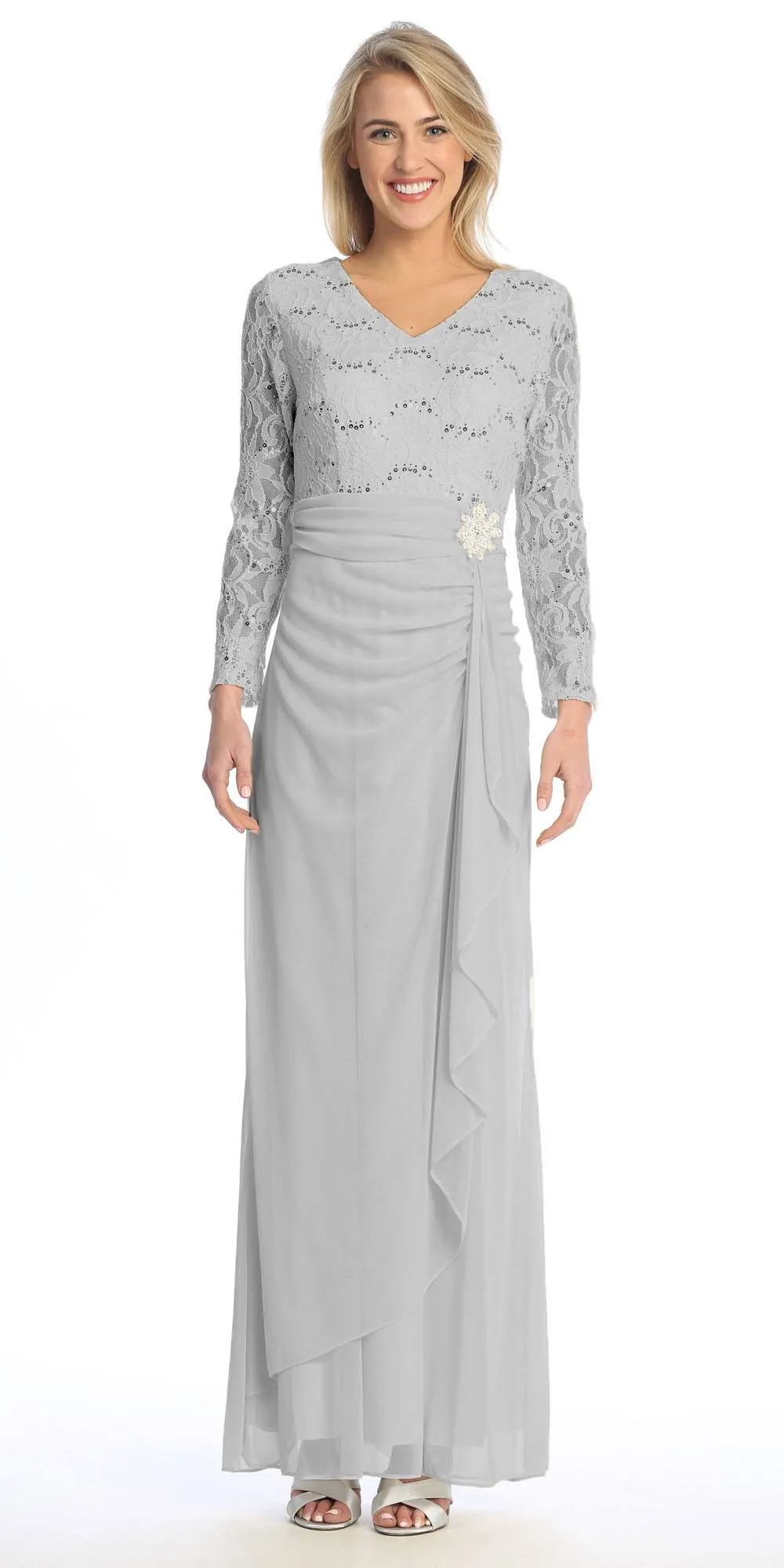 Celavie 6549-L Lace Long Sleeve V-Neck Ruffled Dress with Brooch