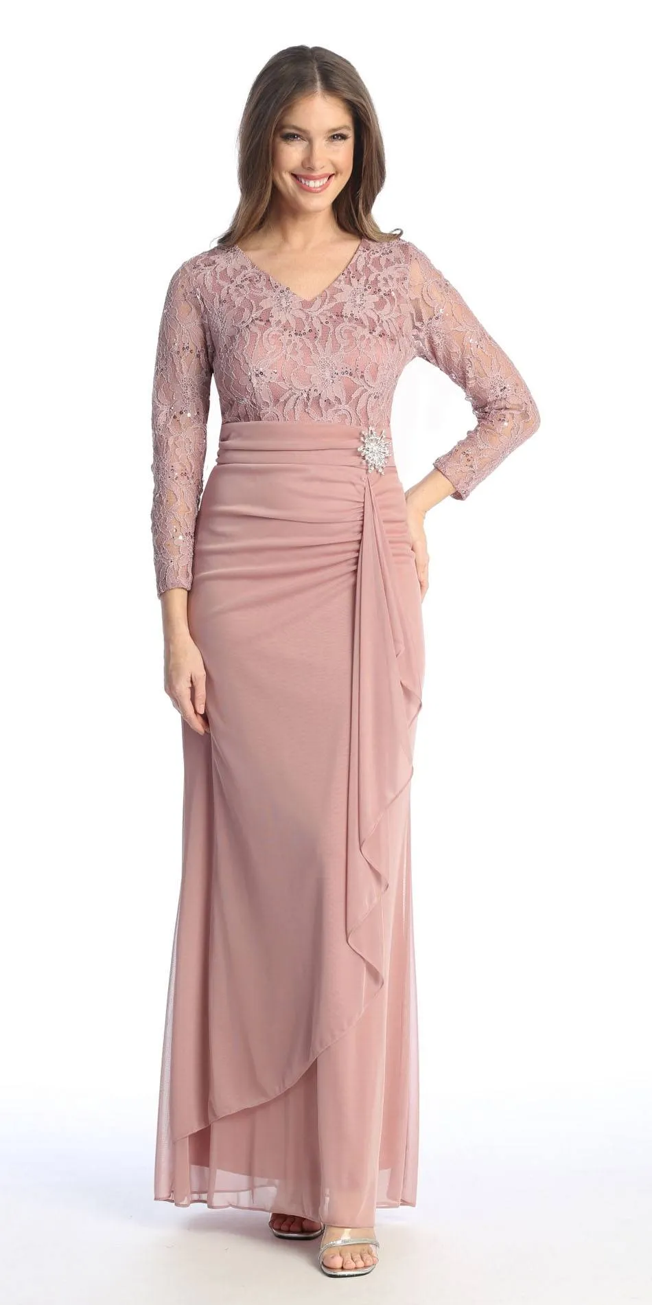 Celavie 6549-L Lace Long Sleeve V-Neck Ruffled Dress with Brooch