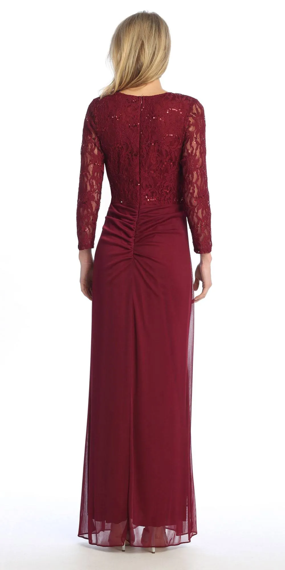 Celavie 6549-L Lace Long Sleeve V-Neck Ruffled Dress with Brooch