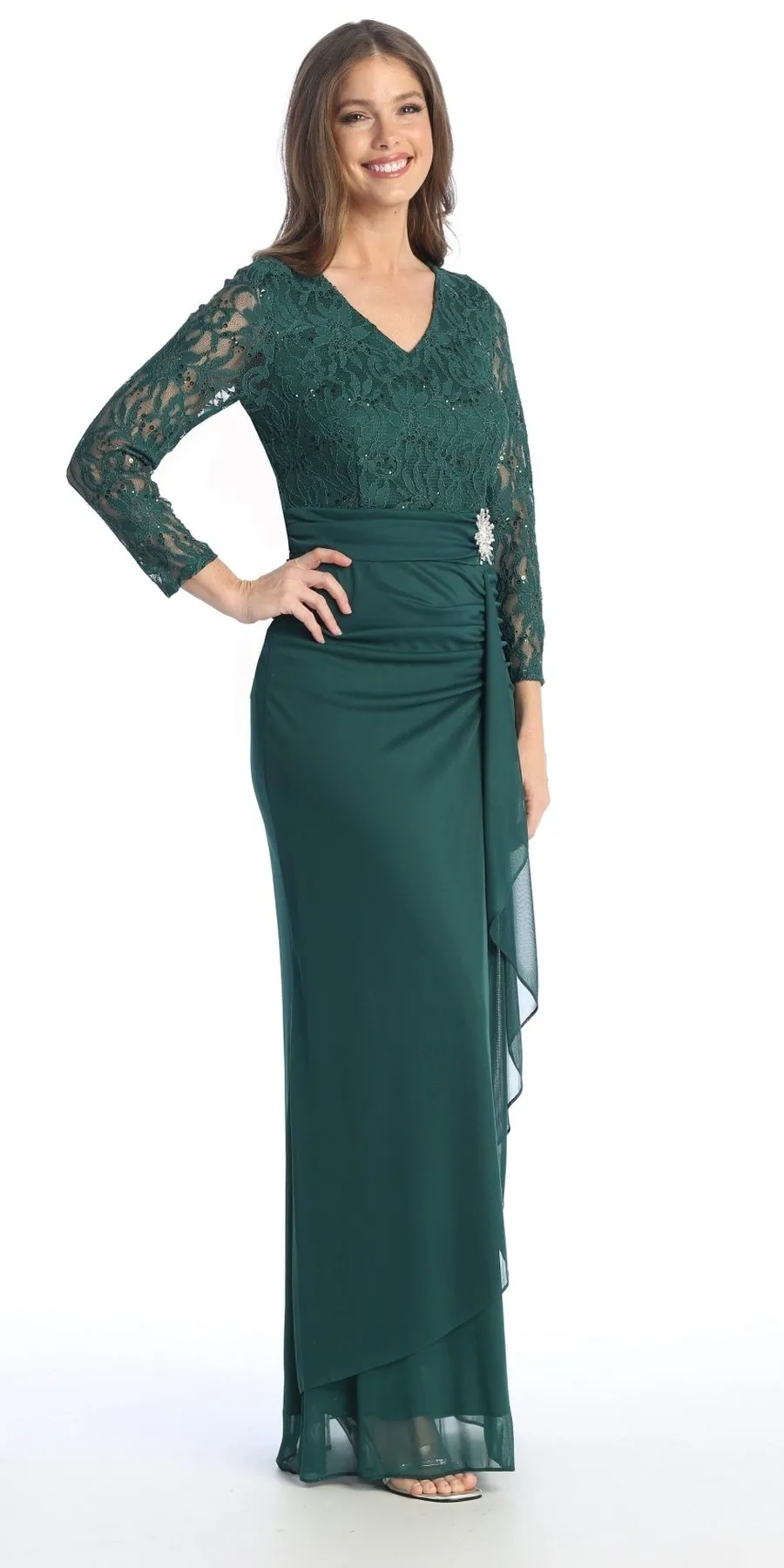 Celavie 6549-L Lace Long Sleeve V-Neck Ruffled Dress with Brooch