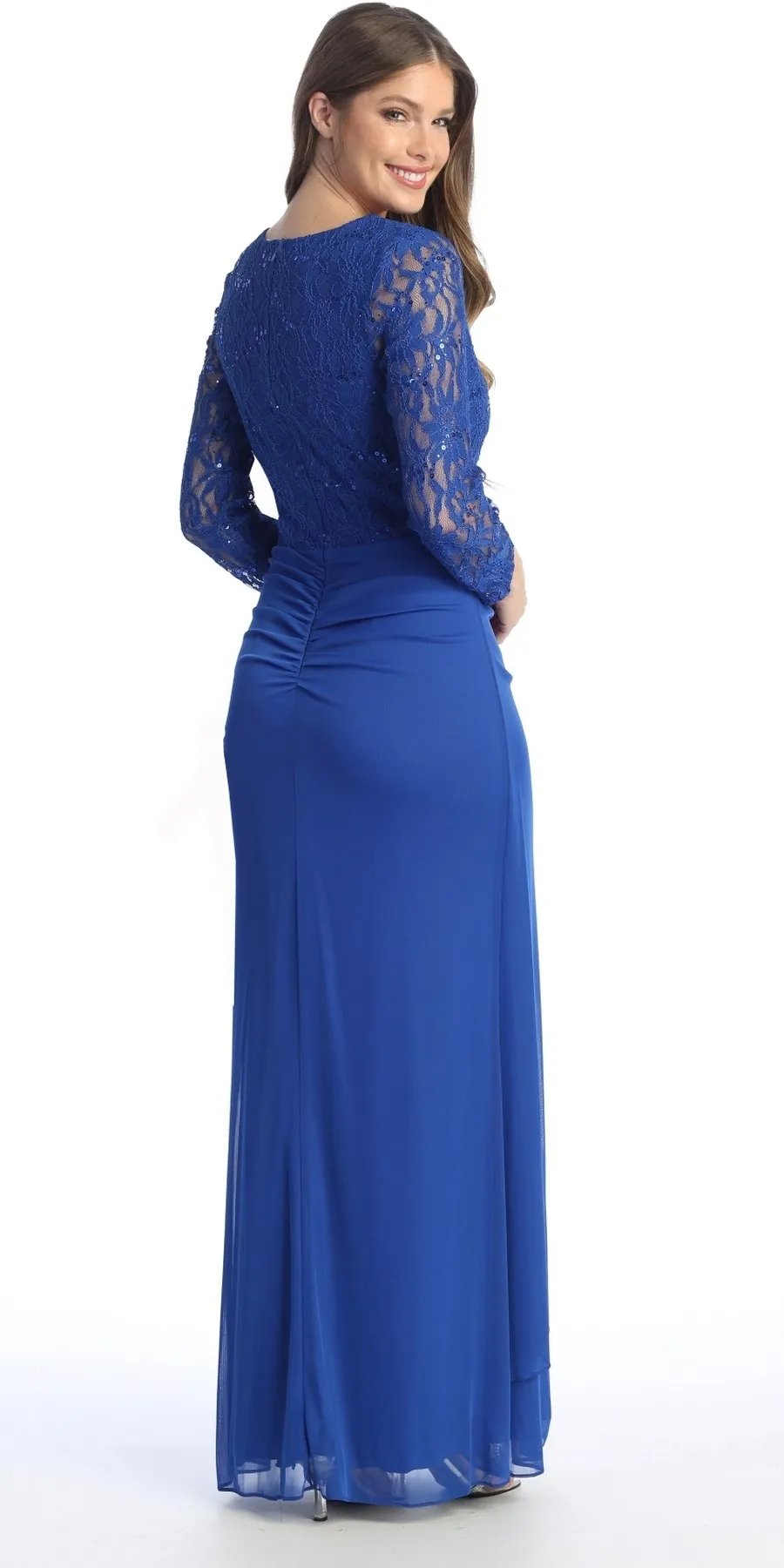 Celavie 6549-L Lace Long Sleeve V-Neck Ruffled Dress with Brooch