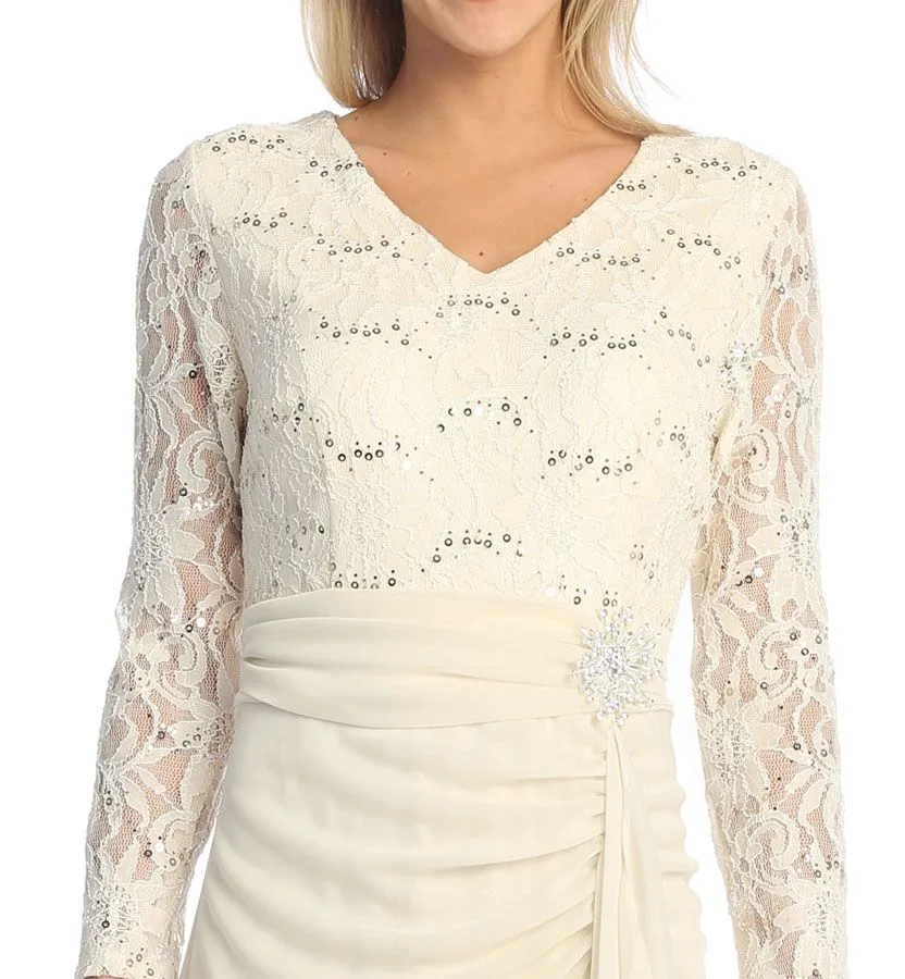 Celavie 6549-L Lace Long Sleeve V-Neck Ruffled Dress with Brooch