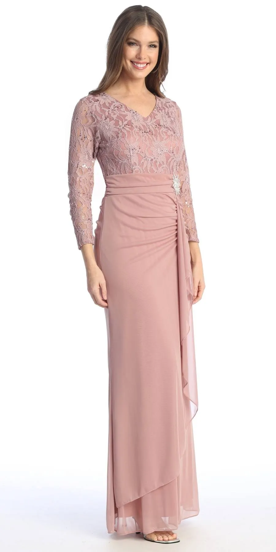 Celavie 6549-L Lace Long Sleeve V-Neck Ruffled Dress with Brooch