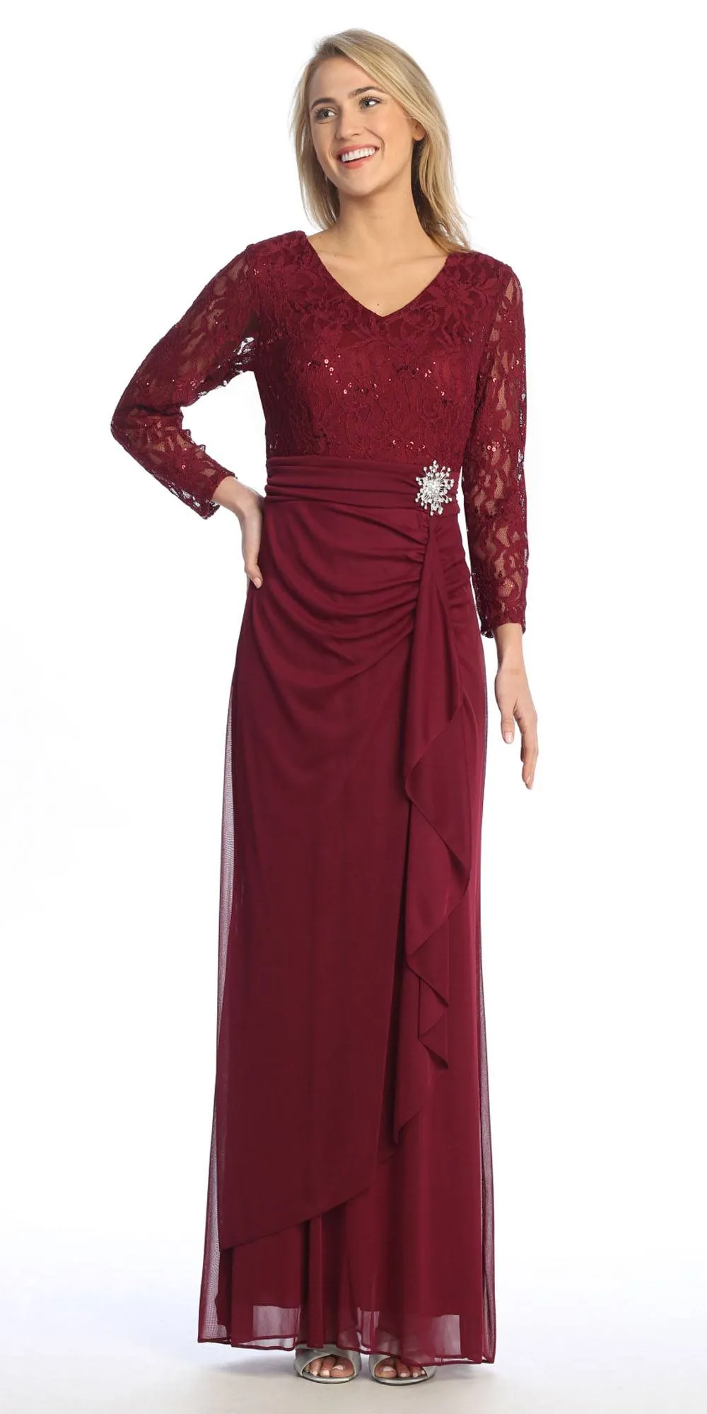 Celavie 6549-L Lace Long Sleeve V-Neck Ruffled Dress with Brooch
