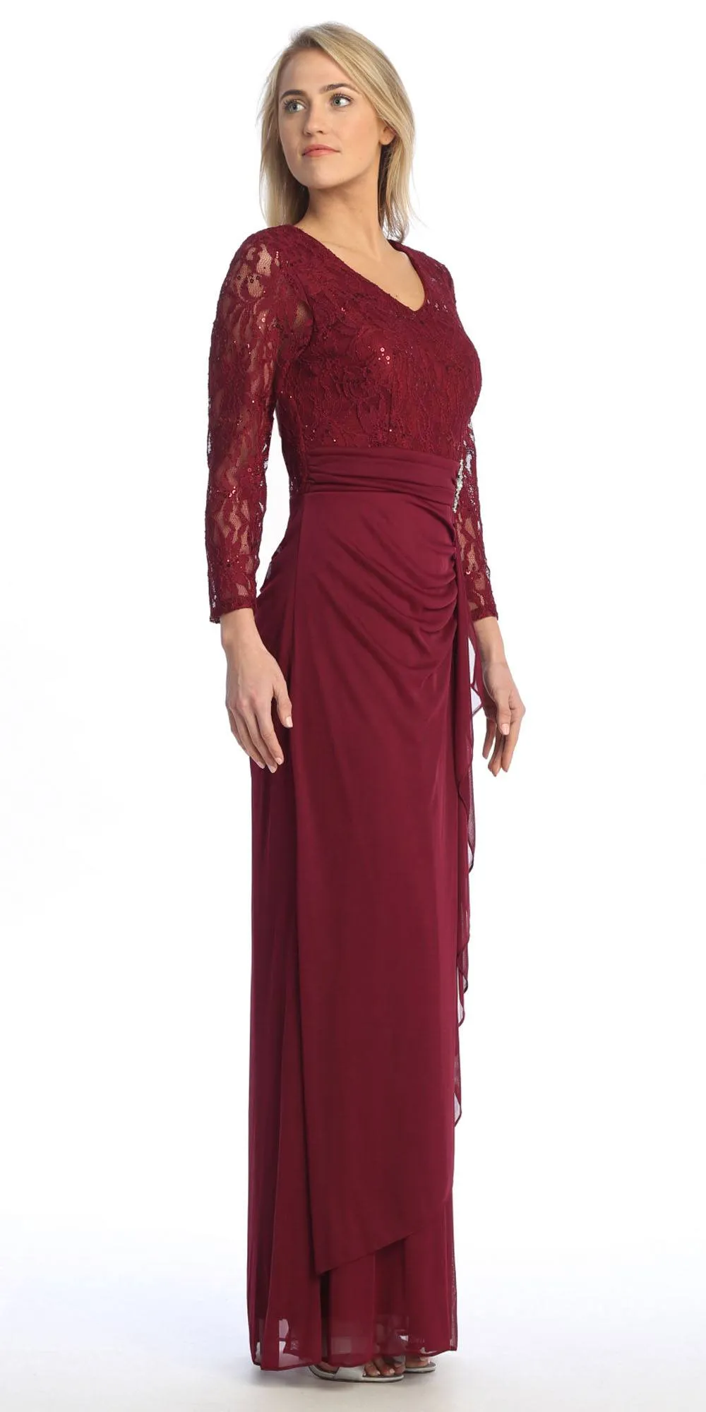Celavie 6549-L Lace Long Sleeve V-Neck Ruffled Dress with Brooch