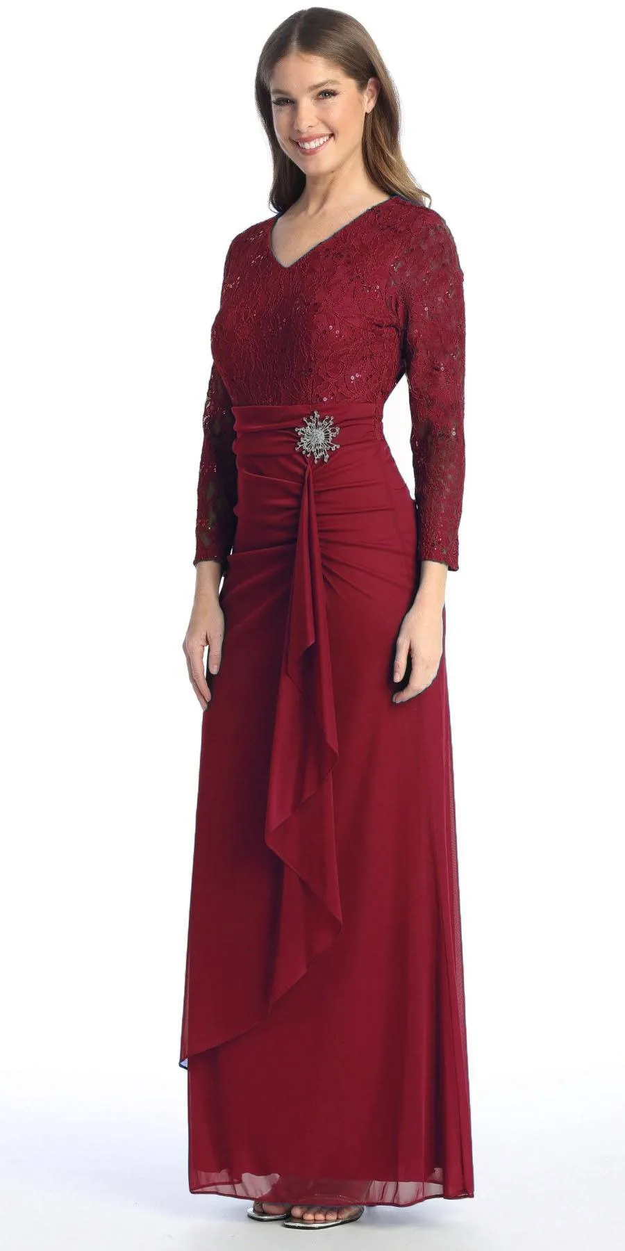 Celavie 6549-L Lace Long Sleeve V-Neck Ruffled Dress with Brooch