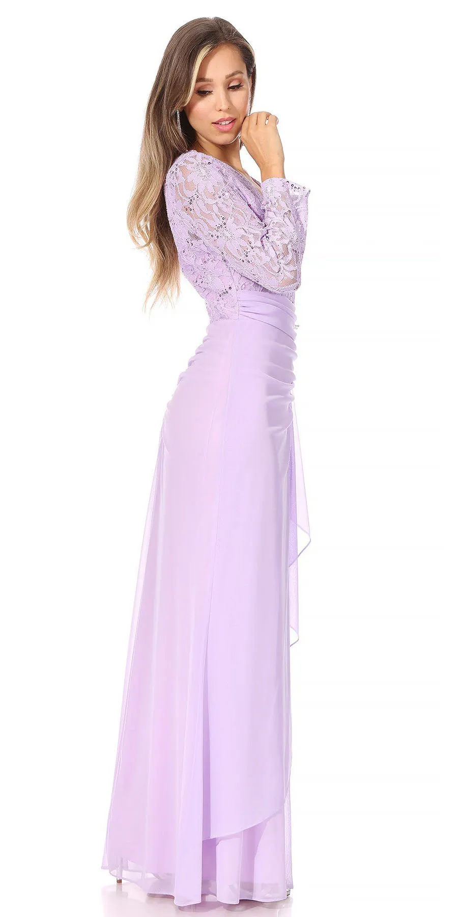 Celavie 6549-L Lace Long Sleeve V-Neck Ruffled Dress with Brooch
