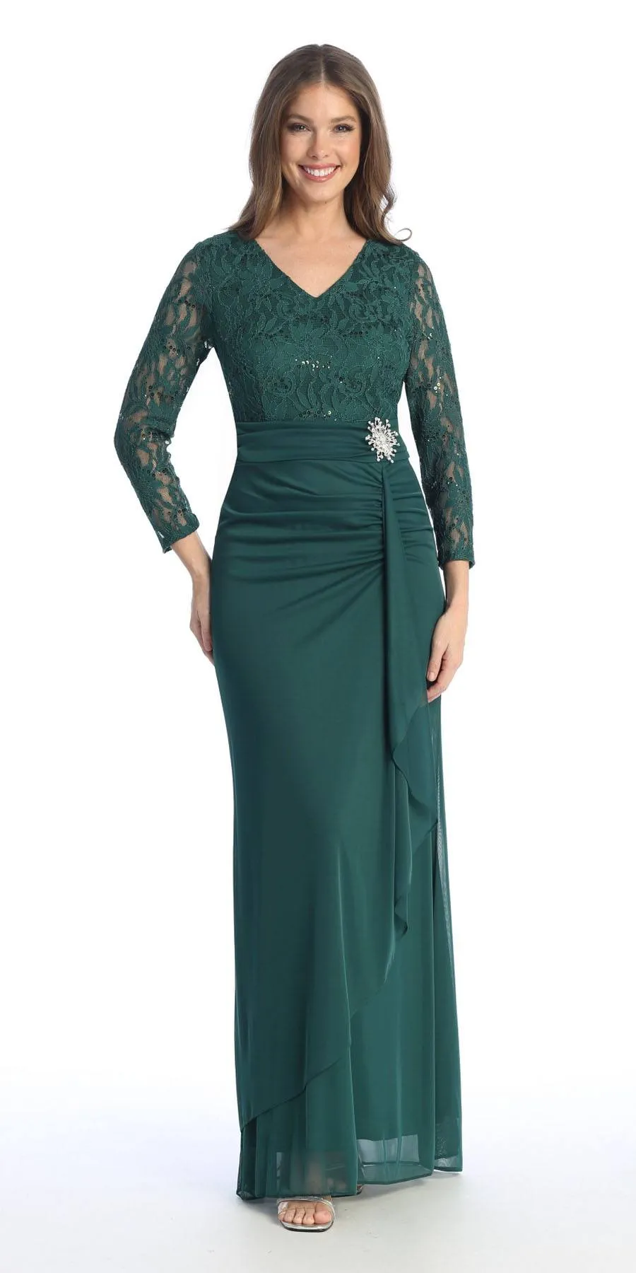 Celavie 6549-L Lace Long Sleeve V-Neck Ruffled Dress with Brooch