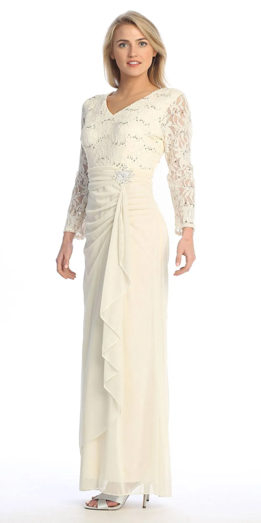 Celavie 6549-L Lace Long Sleeve V-Neck Ruffled Dress with Brooch