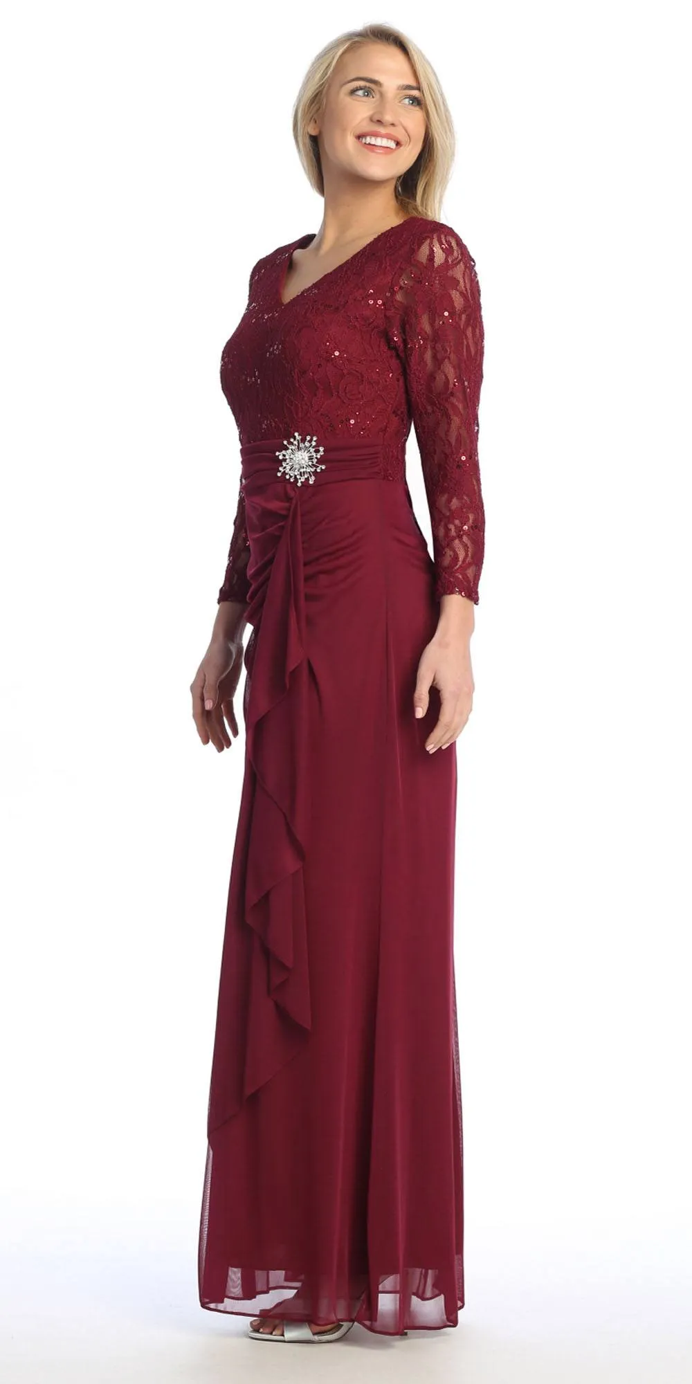 Celavie 6549-L Lace Long Sleeve V-Neck Ruffled Dress with Brooch
