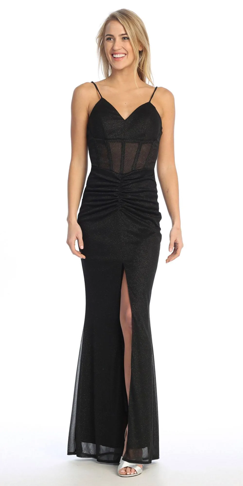 Celavie 6593-L Long Fitted Corset Bodice Ruched Leg Slit Glitter Gown
