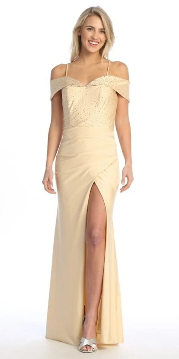 Celavie 6597-L Cold-Shoulder Fitted Satin Long Evening Gown
