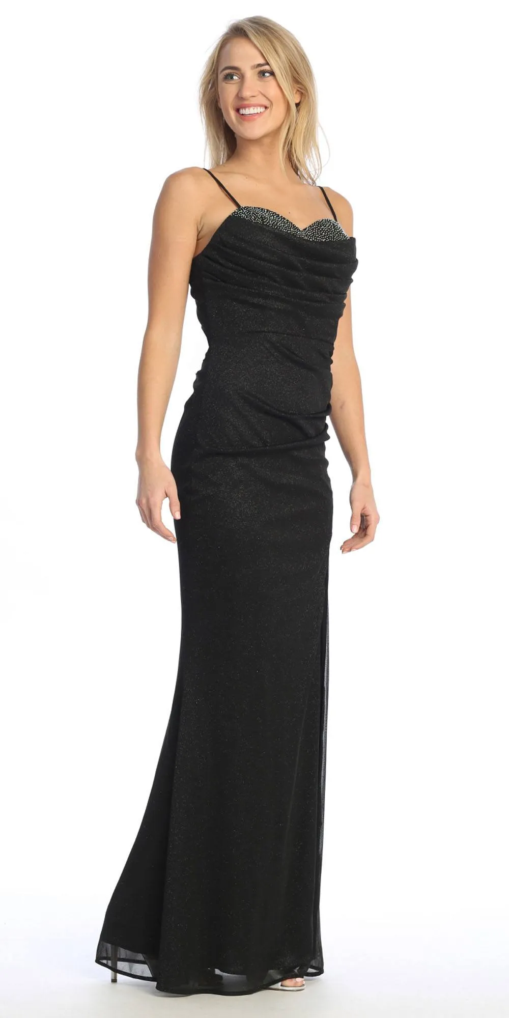 Celavie 6603-L Long Sweetheart Fitted Pleated Cowl Neck Glitter Gown