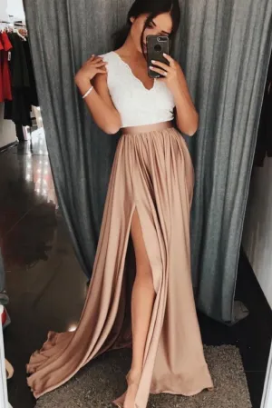 Champagne lace long prom dress champagne lace evening dress