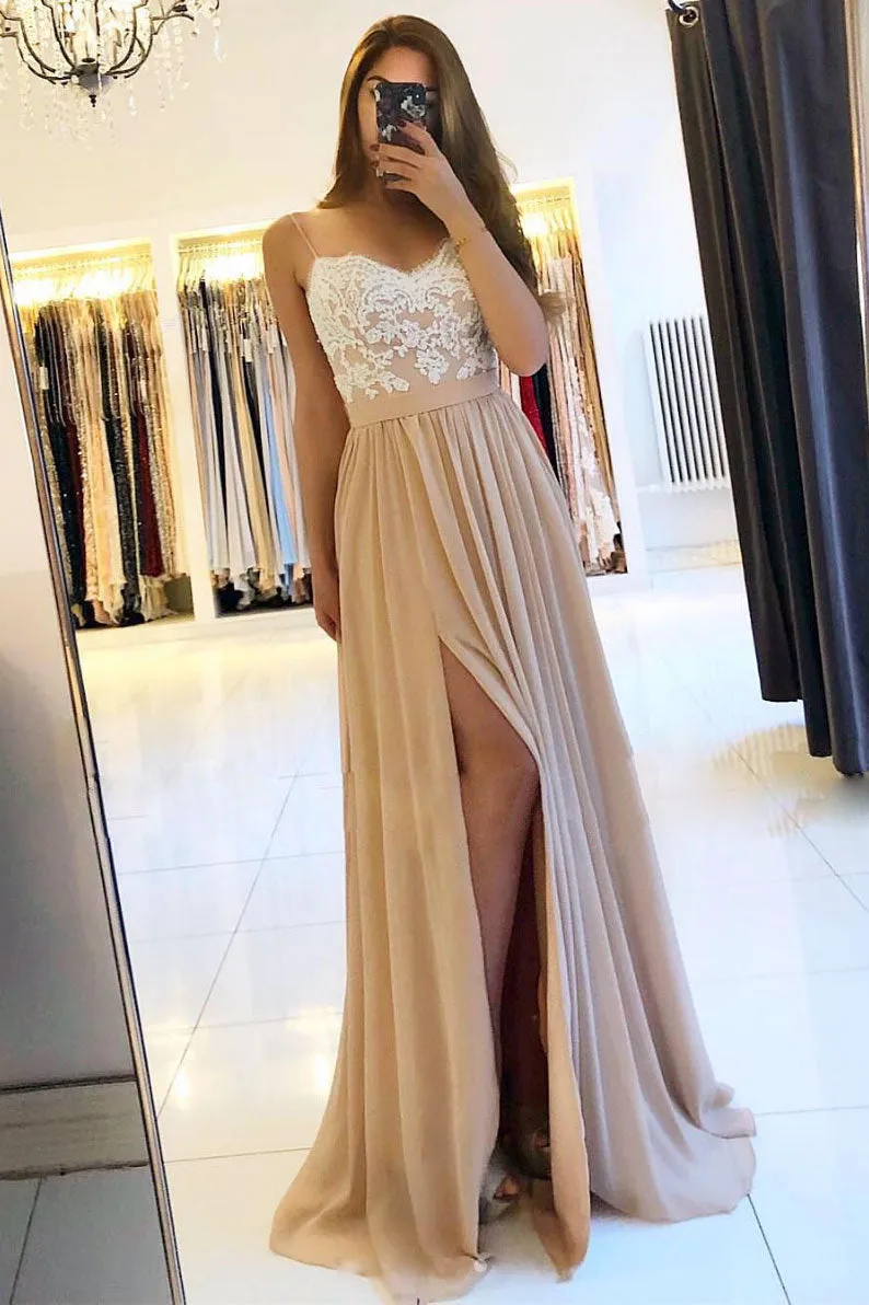 champagne sweetheart lace chiffon long prom dress, evening dress
