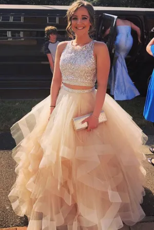 Champagne tulle two pieces sequin long prom dress, tulle evening dress