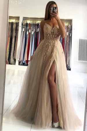 Champagne v neck beads long prom dress champagne evening dress
