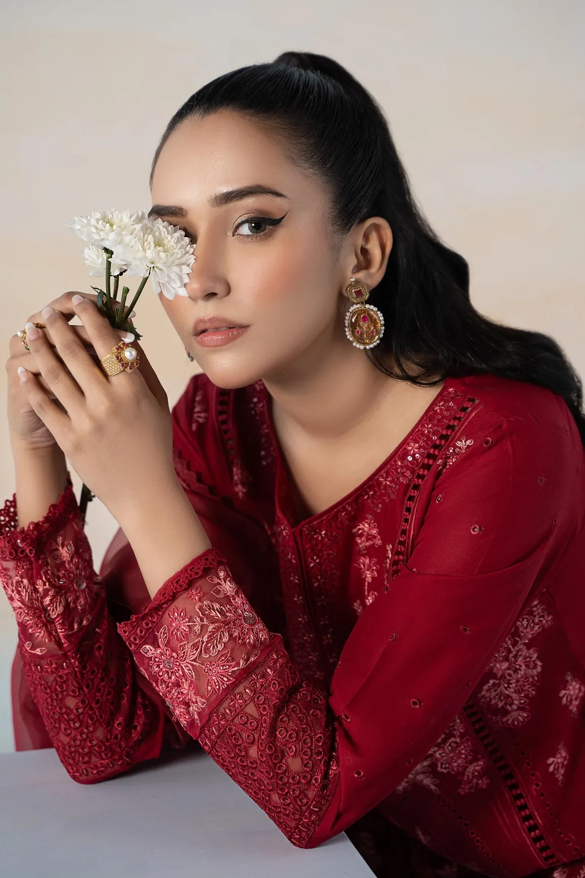 Cherry Red Embroidered Maria B Luxury Pret Pakistani Salwar Suit