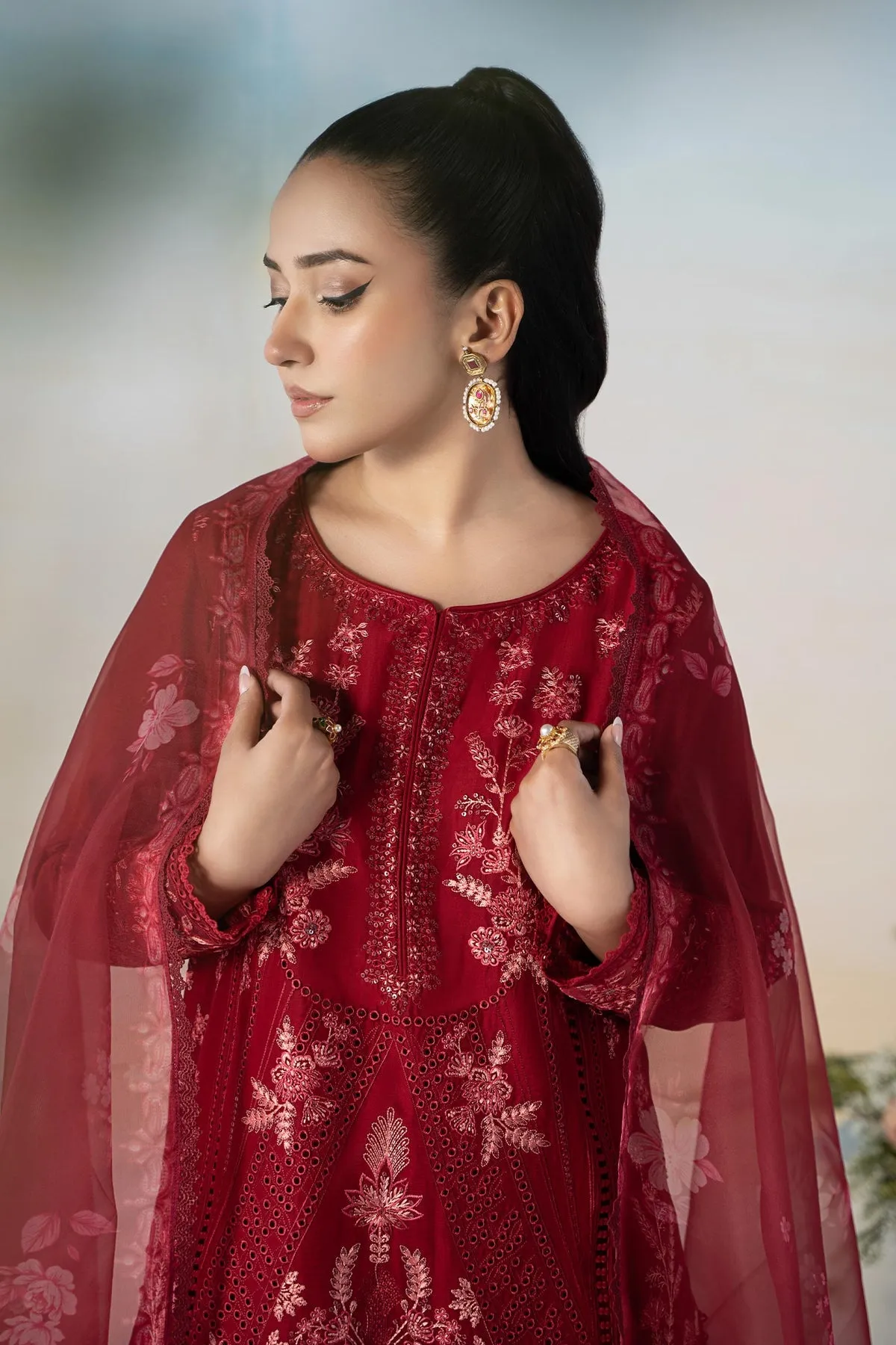 Cherry Red Embroidered Maria B Luxury Pret Pakistani Salwar Suit