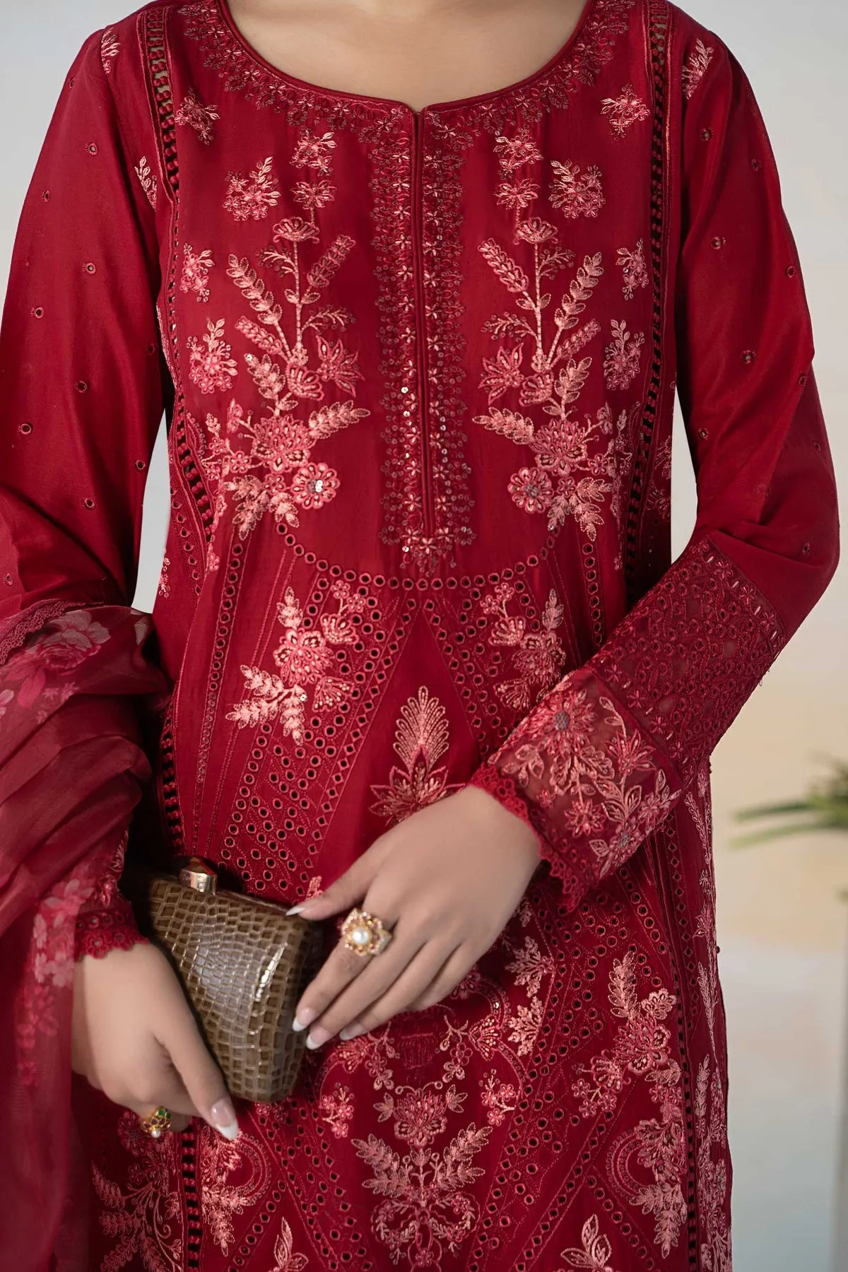 Cherry Red Embroidered Maria B Luxury Pret Pakistani Salwar Suit
