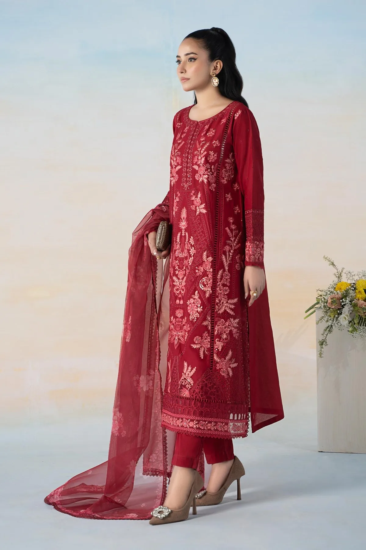Cherry Red Embroidered Maria B Luxury Pret Pakistani Salwar Suit