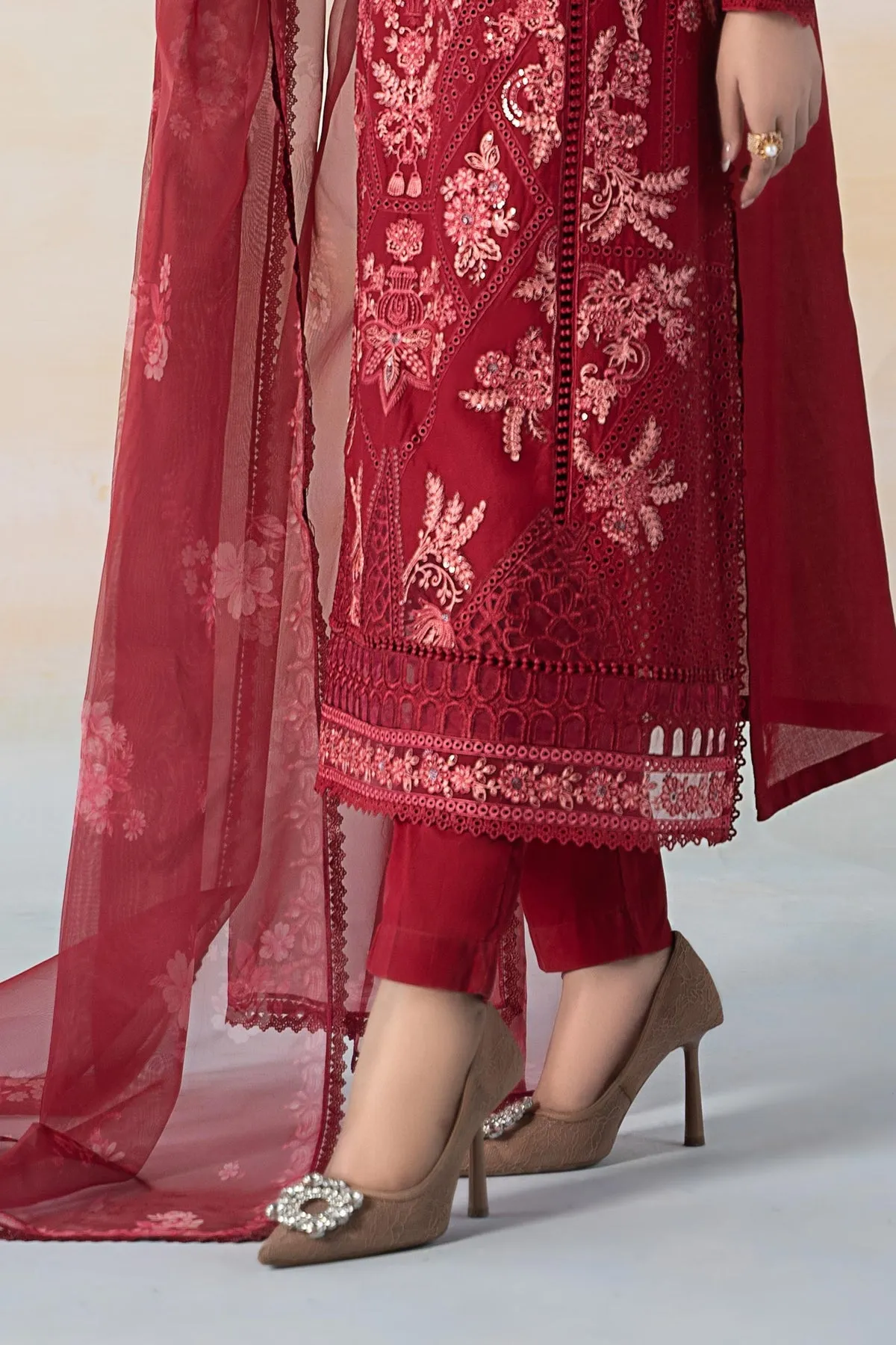 Cherry Red Embroidered Maria B Luxury Pret Pakistani Salwar Suit