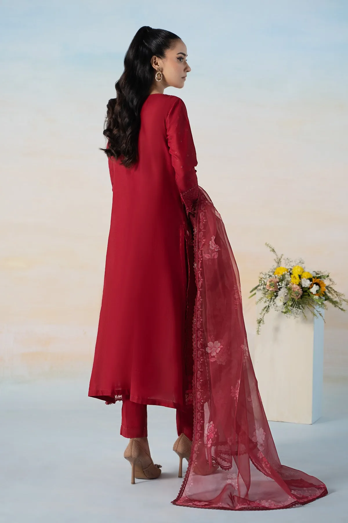 Cherry Red Embroidered Maria B Luxury Pret Pakistani Salwar Suit