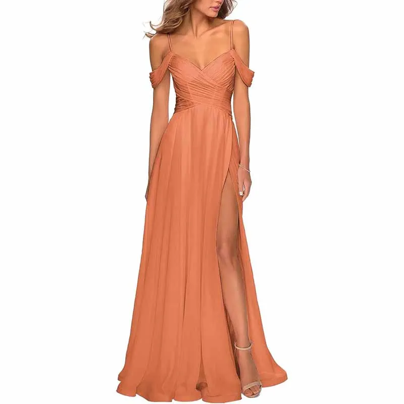 Chiffon Bridesmaid Dresses with Pockets V Neck Long Prom Dress Formal Evening Gown with Slit