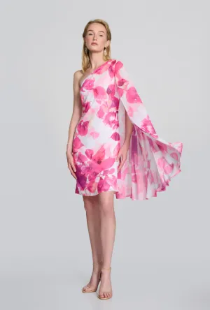 Chiffon Floral One-Shoulder Cape Dress 242716