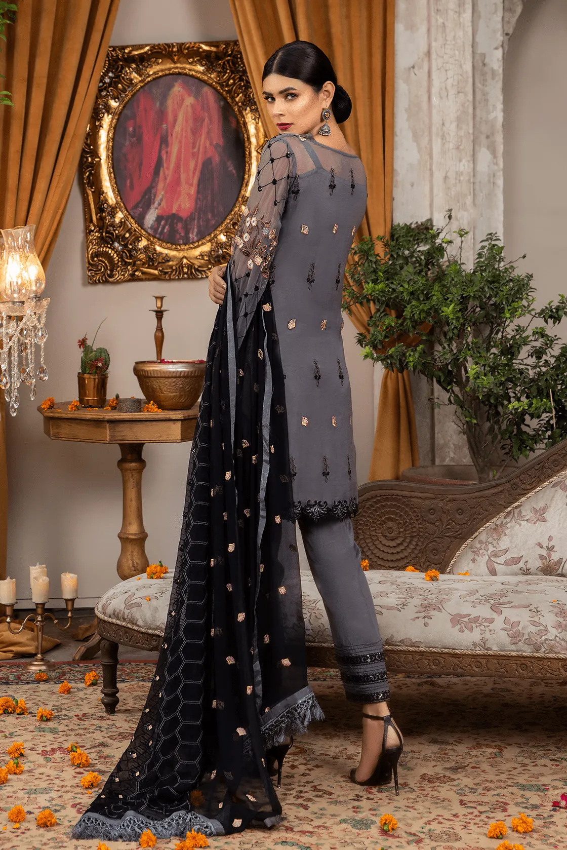 Chiffon Front Embroidered Sequence Dress # P2724