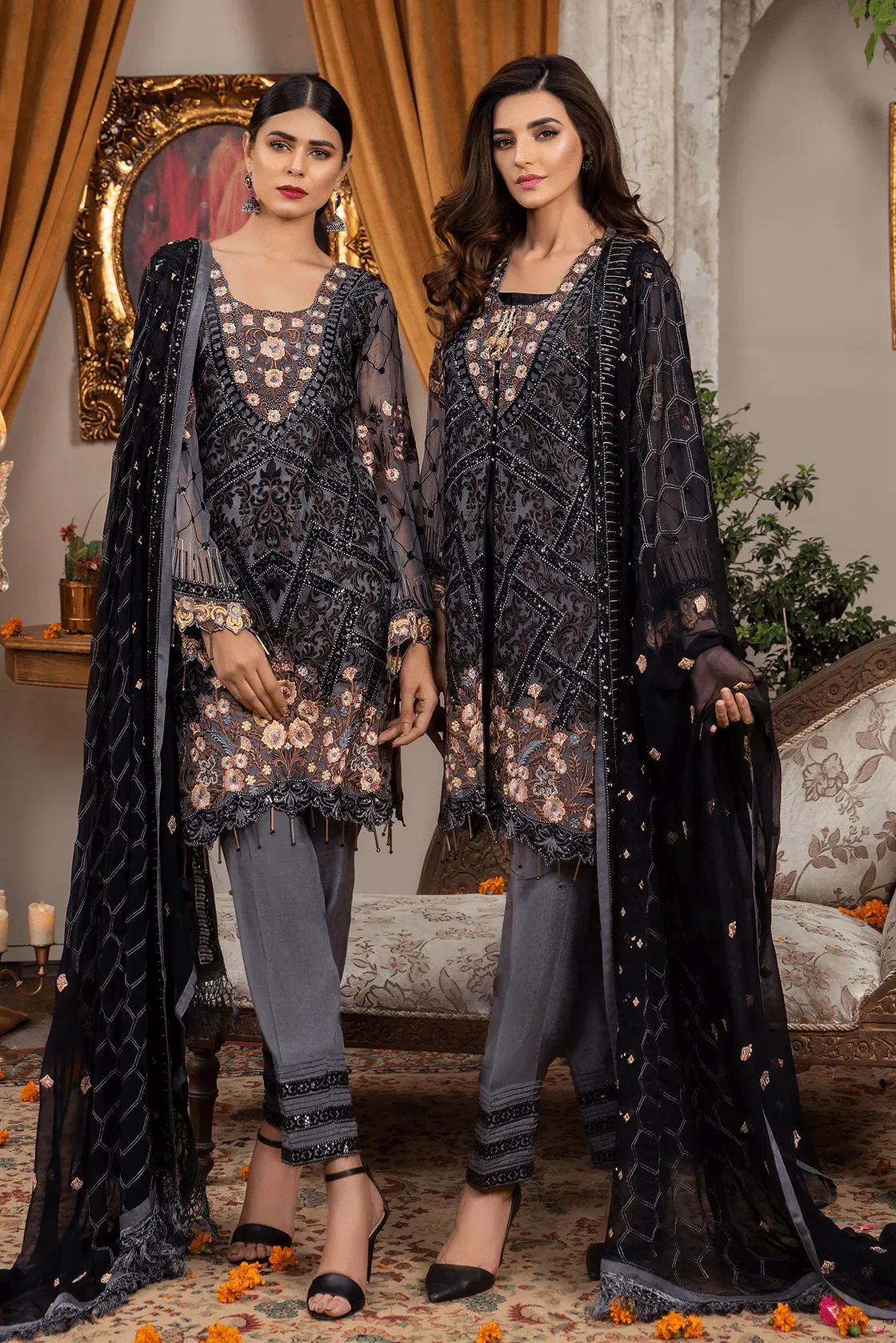 Chiffon Front Embroidered Sequence Dress # P2724