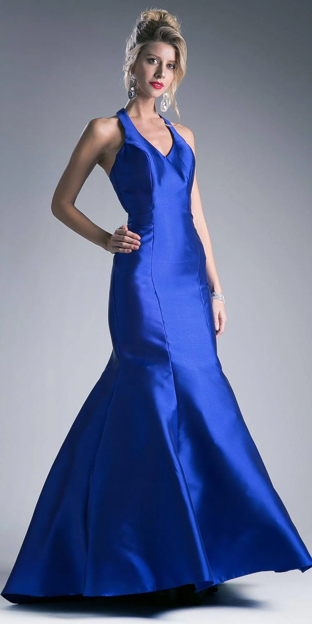 Cinderella Divine 13038 Mermaid Satin Dress Halter V Neckline