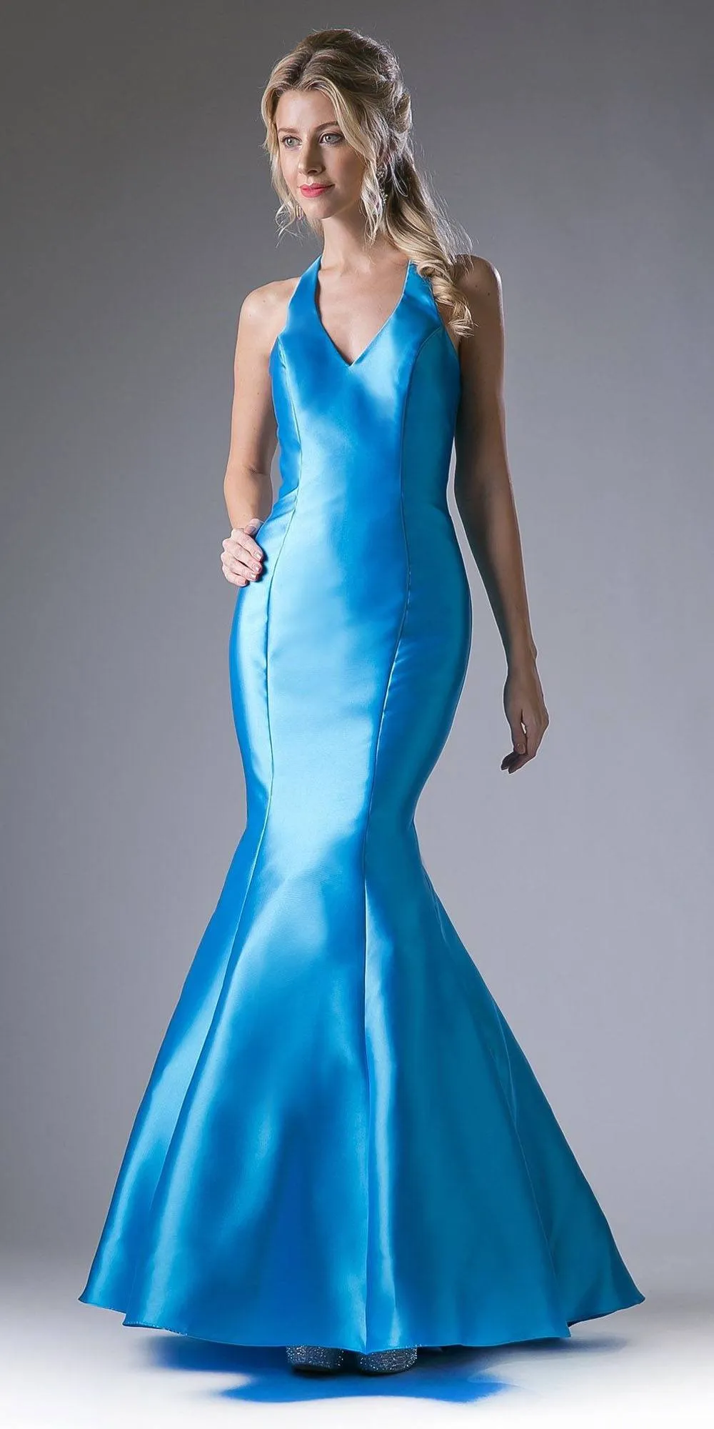 Cinderella Divine 13038 Mermaid Satin Dress Halter V Neckline
