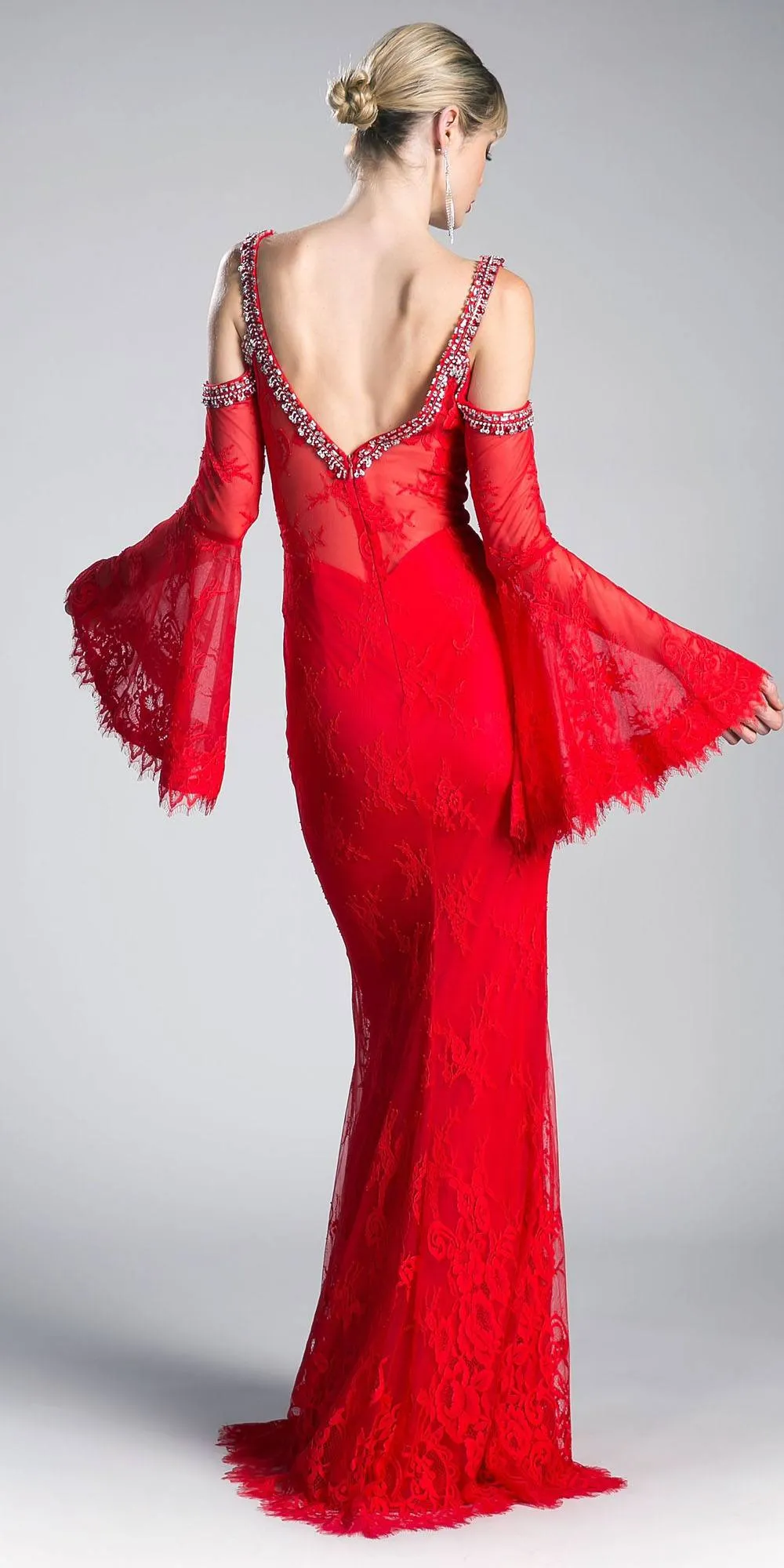 Cinderella Divine 13112 Cold Shoulder Long Sheath Dress Trumpet Bell Sleeves