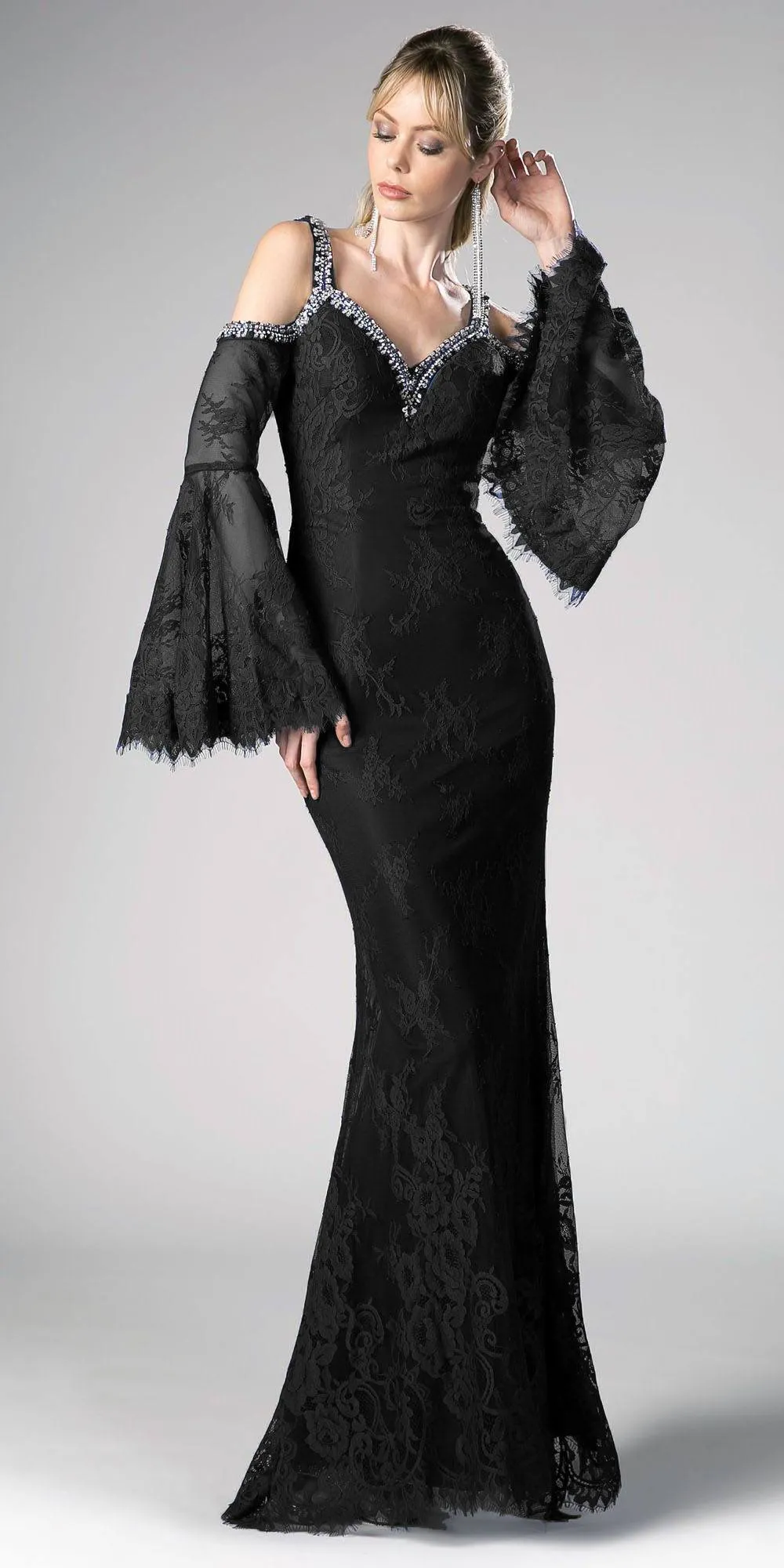 Cinderella Divine 13112 Cold Shoulder Long Sheath Dress Trumpet Bell Sleeves