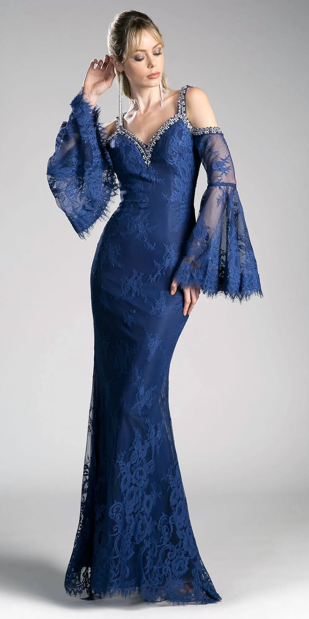 Cinderella Divine 13112 Cold Shoulder Long Sheath Dress Trumpet Bell Sleeves