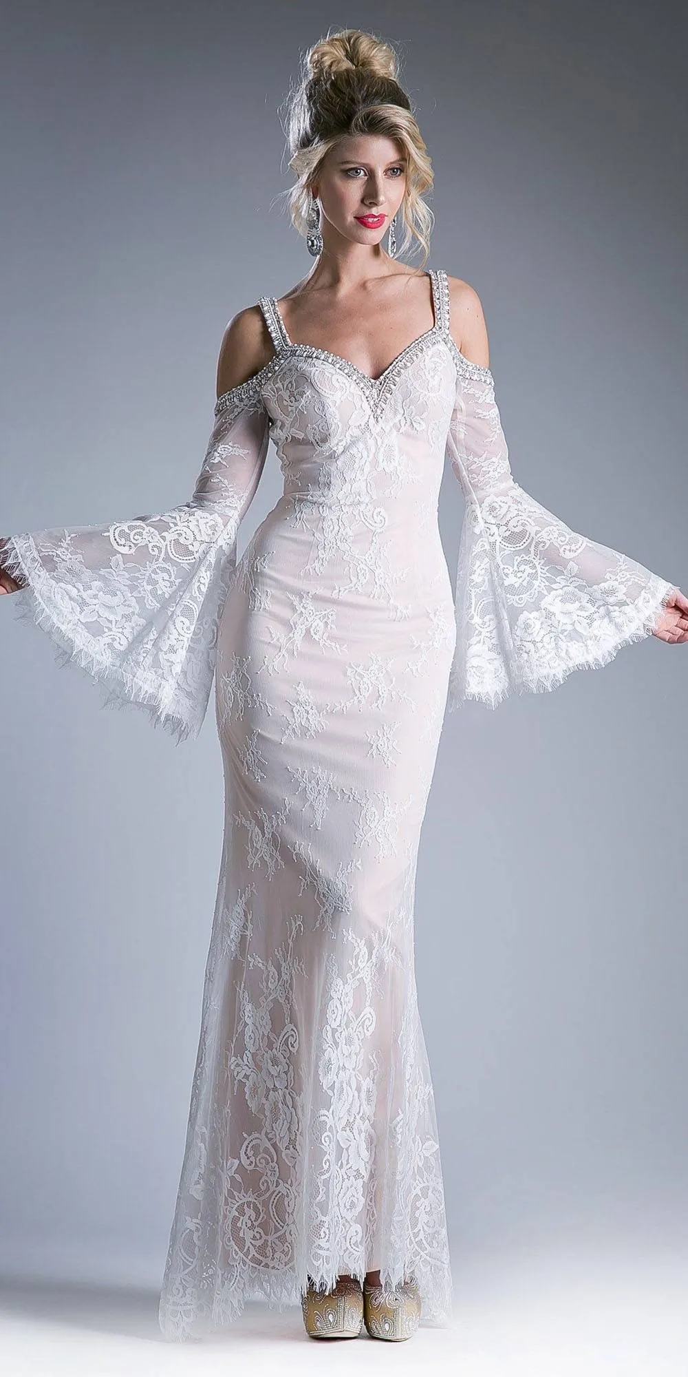 Cinderella Divine 13112 Cold Shoulder Long Sheath Dress Trumpet Bell Sleeves
