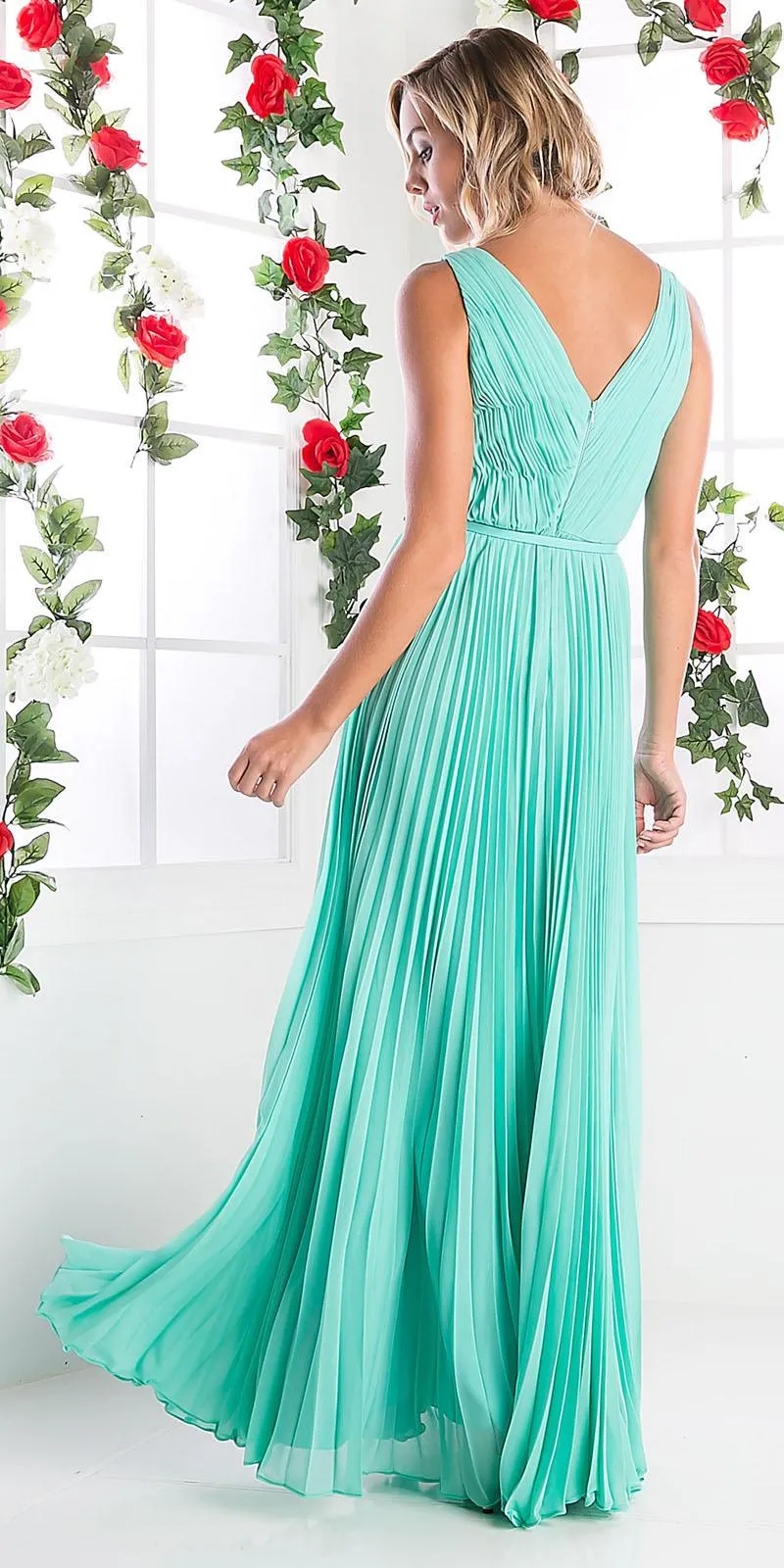 Cinderella Divine 1499 Long Chiffon Pleated Sleeveless Dress With Belt