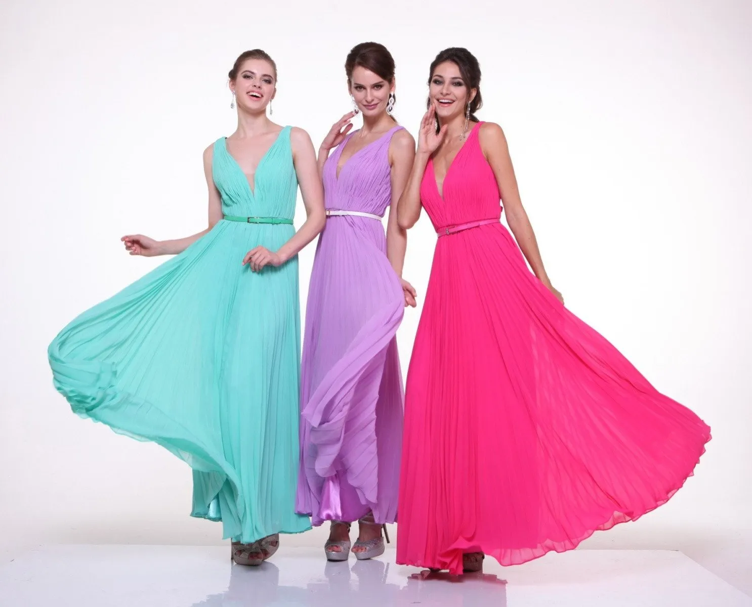 Cinderella Divine 1499 Long Chiffon Pleated Sleeveless Dress With Belt