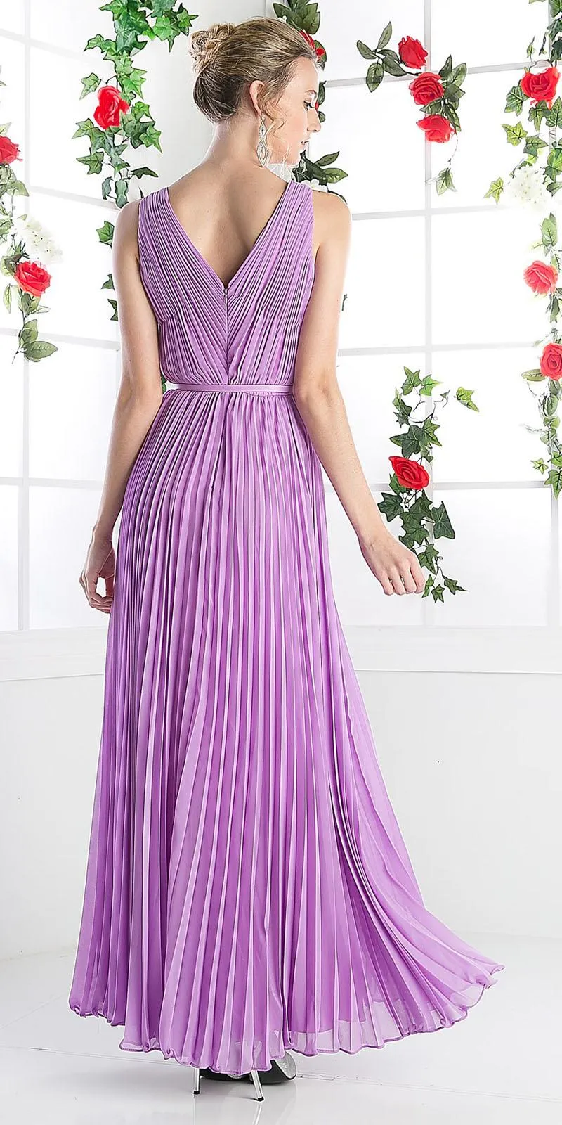 Cinderella Divine 1499 Long Chiffon Pleated Sleeveless Dress With Belt