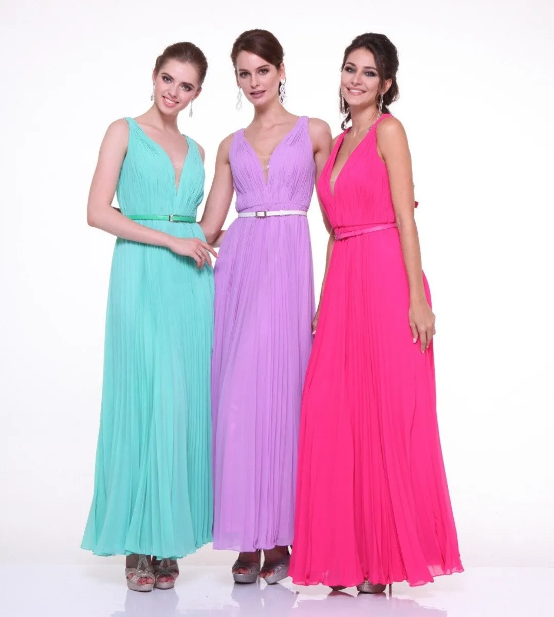 Cinderella Divine 1499 Long Chiffon Pleated Sleeveless Dress With Belt