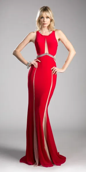 Cinderella Divine 62806 Beaded Waist Cut Out Back Long Dress