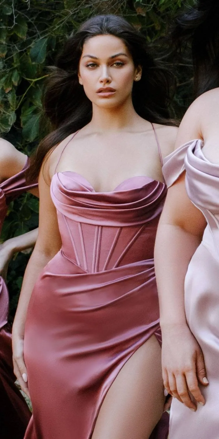 Cinderella Divine 7483 Long Corset Cowl Neckline Formal Satin Gown
